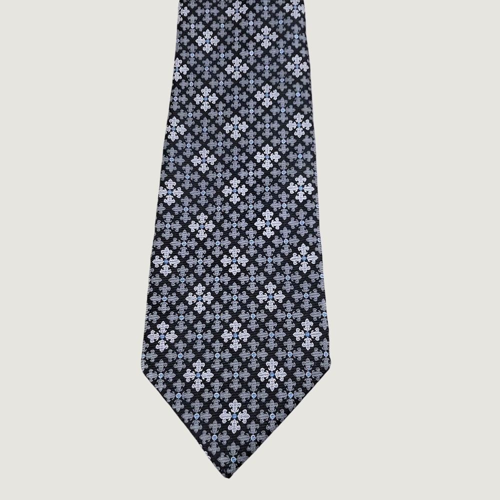 Express Design Studio Mens Silk Tie Black Grey Blue Geometric Fleur De Lis